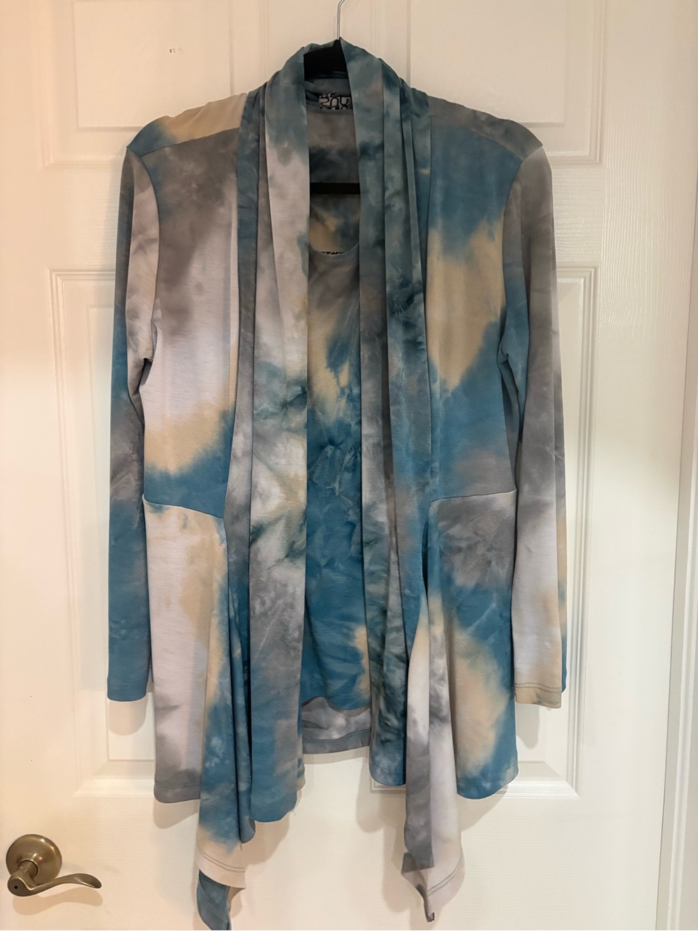 Clara Sun Woo TWO PIECE Waterfall Cardigan & Tank Set Blue/Gray/Cream— Large